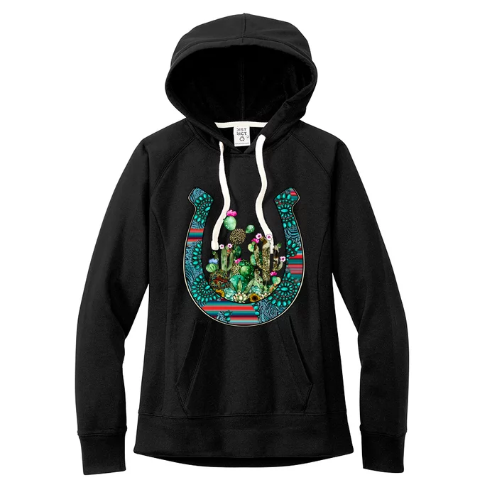 Country Western Cactus Sunflower Horseshoe Gift Women's Fleece Hoodie