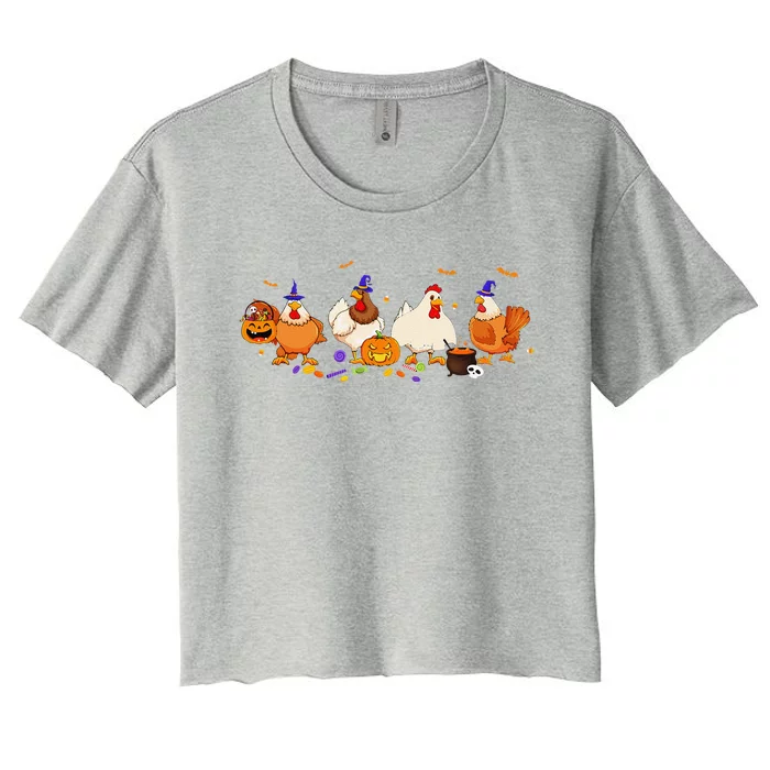 Cute Witch Chicken Chick Pumpkin Halloween Farm Farmer Women's Crop Top Tee