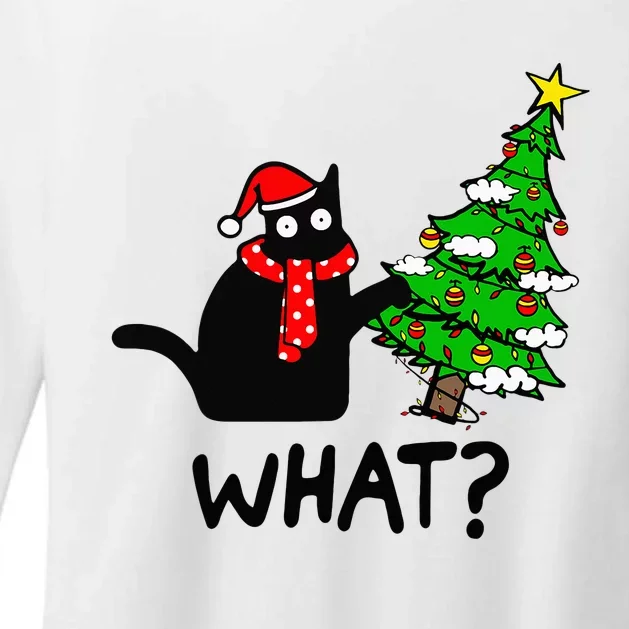 Cat What Christmas Tree Xmas Light Santa Hat Funny Black Cat Womens CVC Long Sleeve Shirt