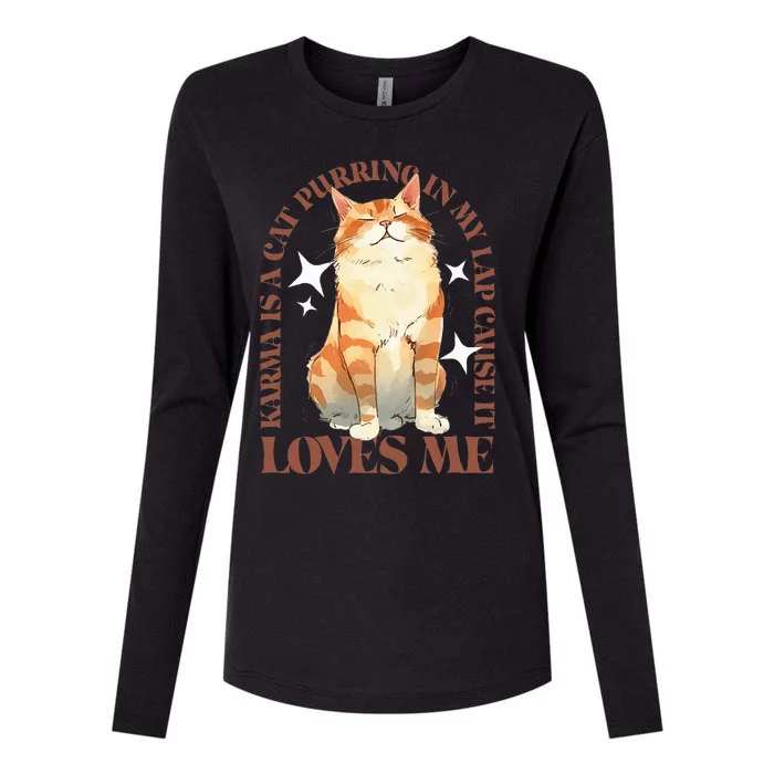 Cute Watercolor Cat Purring and Karma Lover Retro Art Style Womens Cotton Relaxed Long Sleeve T-Shirt