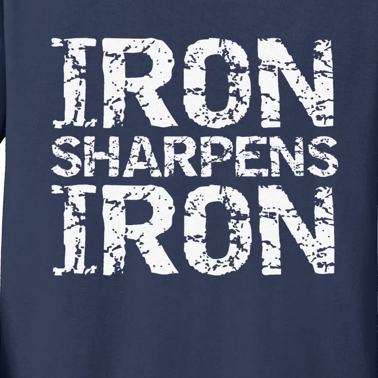 Christian Workout Discipleship Distressed Iron Sharpens Iron Kids Long Sleeve Shirt