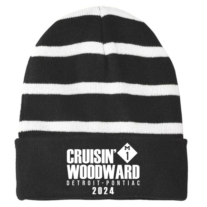 Cruisin Woodward Detroit To Pontiac 2024 M1 Ave Classic Car Cruise Striped Beanie with Solid Band