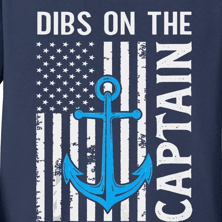 Captain Wife Dibs On The Captain Funny FIshing USA Flag Kids Long Sleeve Shirt