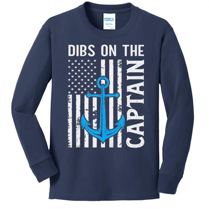 Captain Wife Dibs On The Captain Funny FIshing USA Flag Kids Long Sleeve Shirt