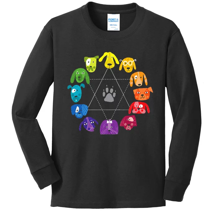 Color Wheel Educational Art Teacher Dog Themed Artist Kids Long Sleeve Shirt