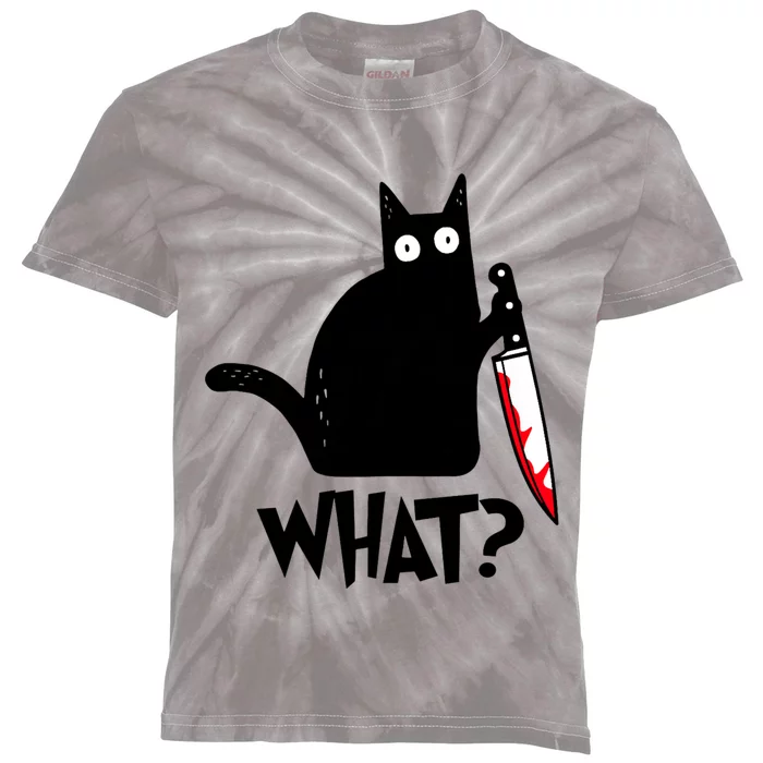 Cat What? Funny Black Cat Murderous Cat With Knife Kids Tie-Dye T-Shirt