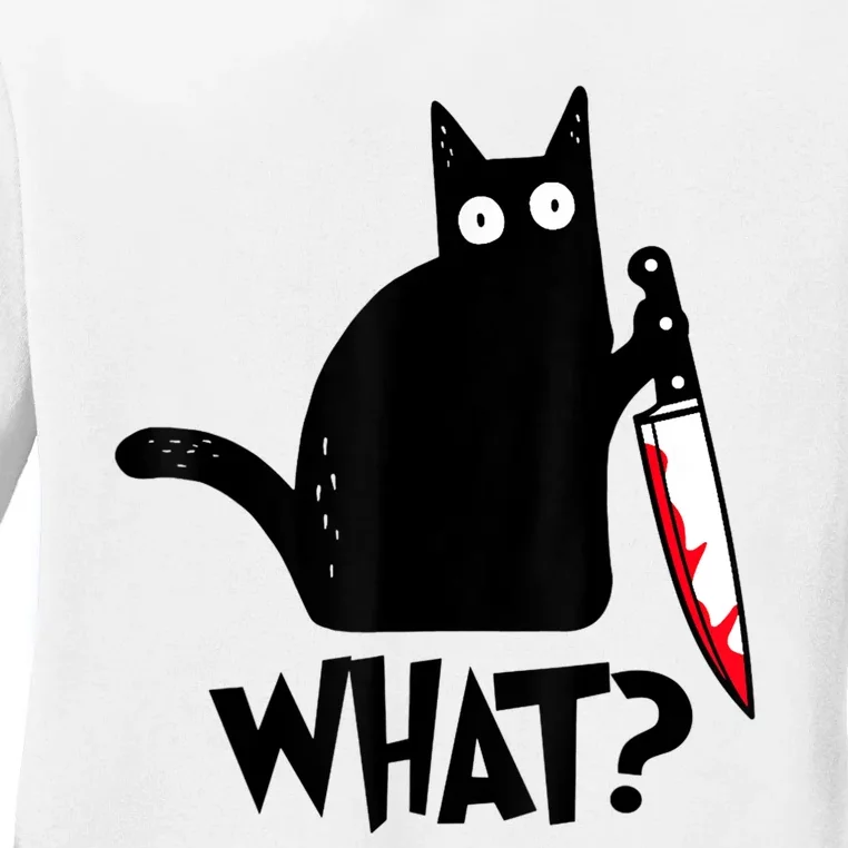 Cat What? Funny Black Cat Murderous Cat With Knife Ladies Long Sleeve Shirt