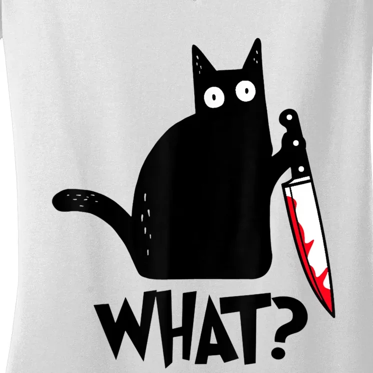 Cat What? Funny Black Cat Murderous Cat With Knife Women's V-Neck T-Shirt