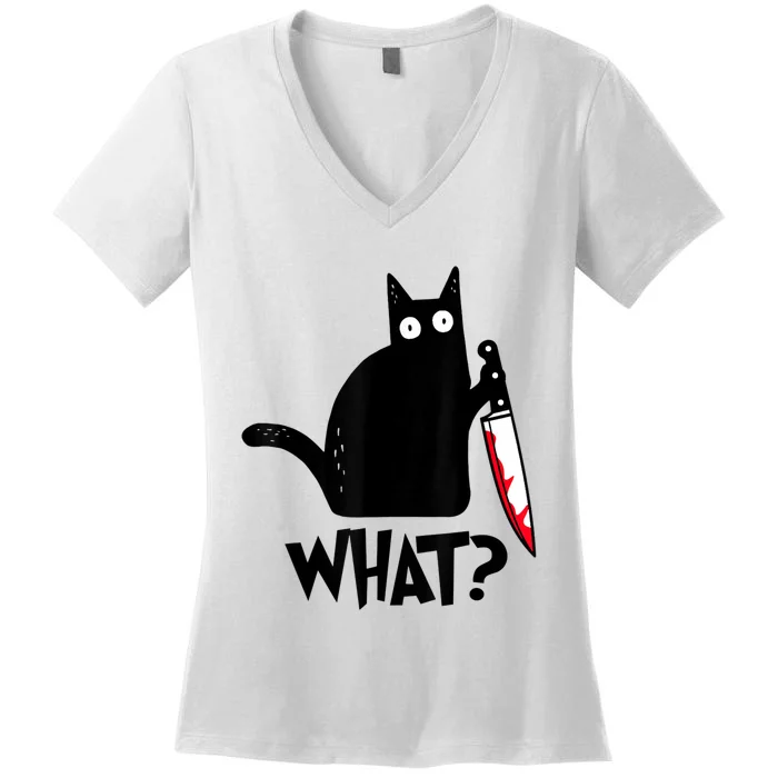 Cat What? Funny Black Cat Murderous Cat With Knife Women's V-Neck T-Shirt