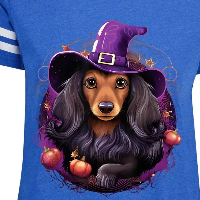 Cute Witch Funny Dachshund Halloween Costume Dog Lover Enza Ladies Jersey Football T-Shirt