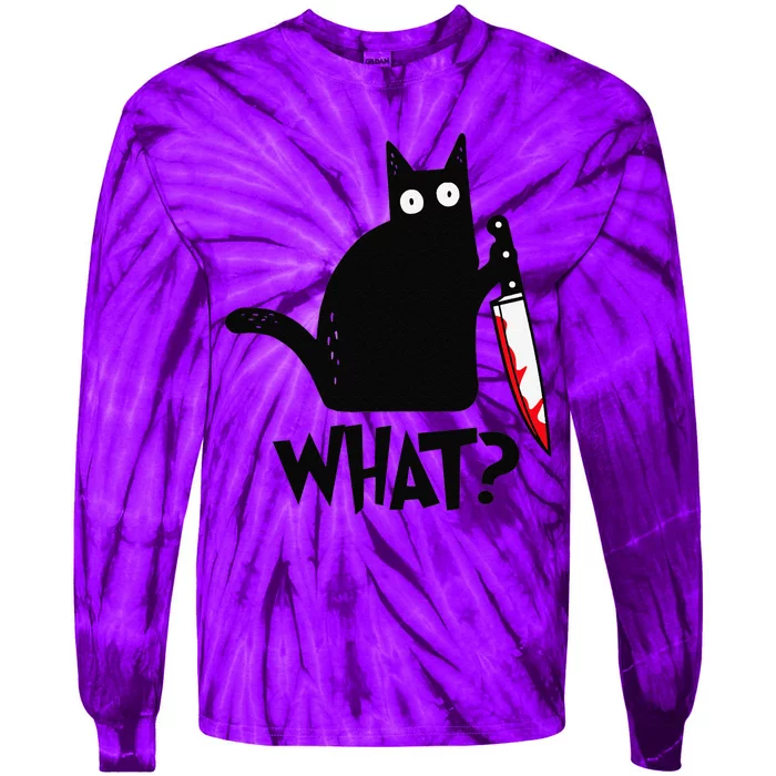 Cat What Funny Black Cat Murderous Cat With Knife Tie-Dye Long Sleeve Shirt