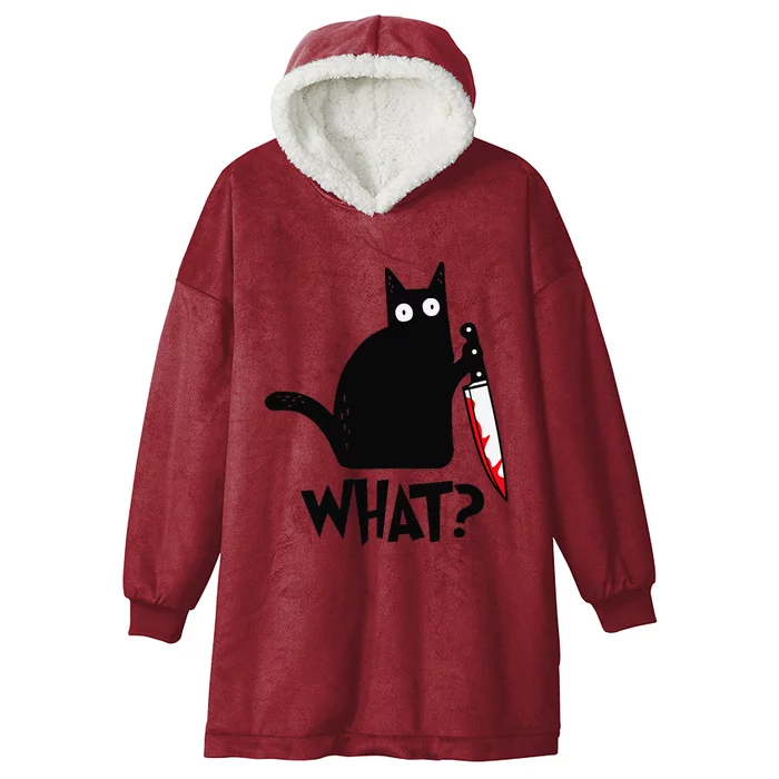 Cat What Funny Black Cat Murderous Cat With Knife Hooded Wearable Blanket