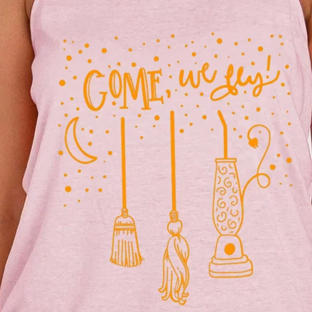 Come We Fly Funny Halloween Flying Witch Mop Broom Vacuum Gift Women's Knotted Racerback Tank