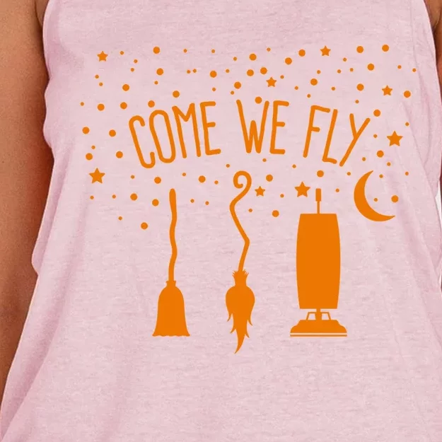 Come We Fly Funny Halloween Flying Witch Mop Broom Vacuum Gift Women's Knotted Racerback Tank