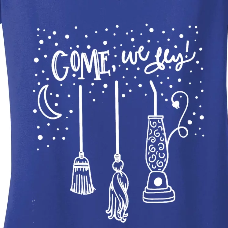 Come We Fly Witch Mop Broom Vacuum Housewife Halloween Cute Gift Women's V-Neck T-Shirt