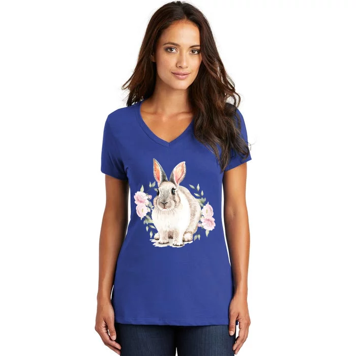 Cute Watercolor Flower Bunny Lover Easter Mom Rabbit Gift Women's V-Neck T-Shirt