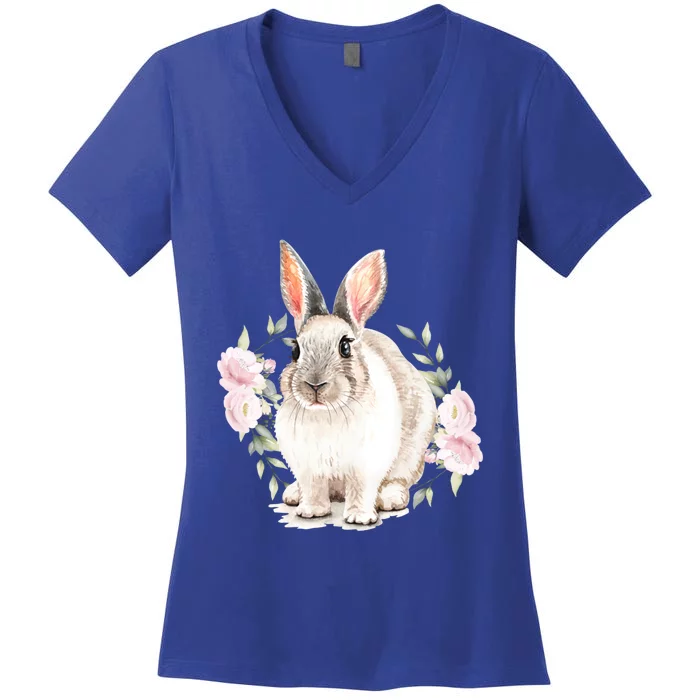 Cute Watercolor Flower Bunny Lover Easter Mom Rabbit Gift Women's V-Neck T-Shirt