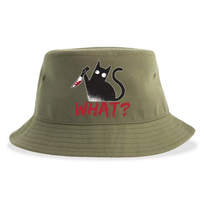 Cat What? Funny Black Cat Murderous Cat With Knife Cool Gift Sustainable Bucket Hat