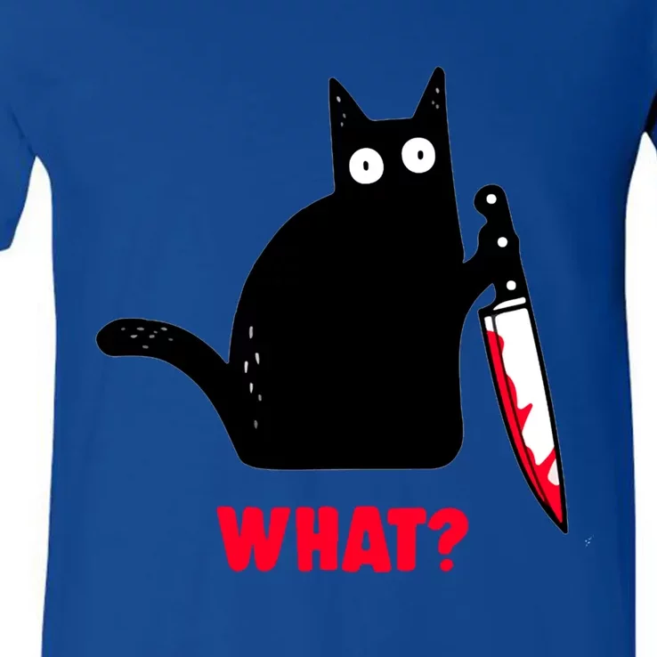 Cat What? Funny Black Cagift Murderous Cat With Knife Gift V-Neck T-Shirt