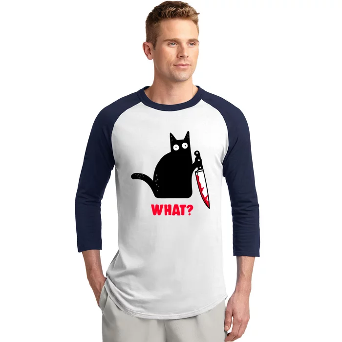 Cat What? Funny Black Cagift Murderous Cat With Knife Gift Baseball Sleeve Shirt