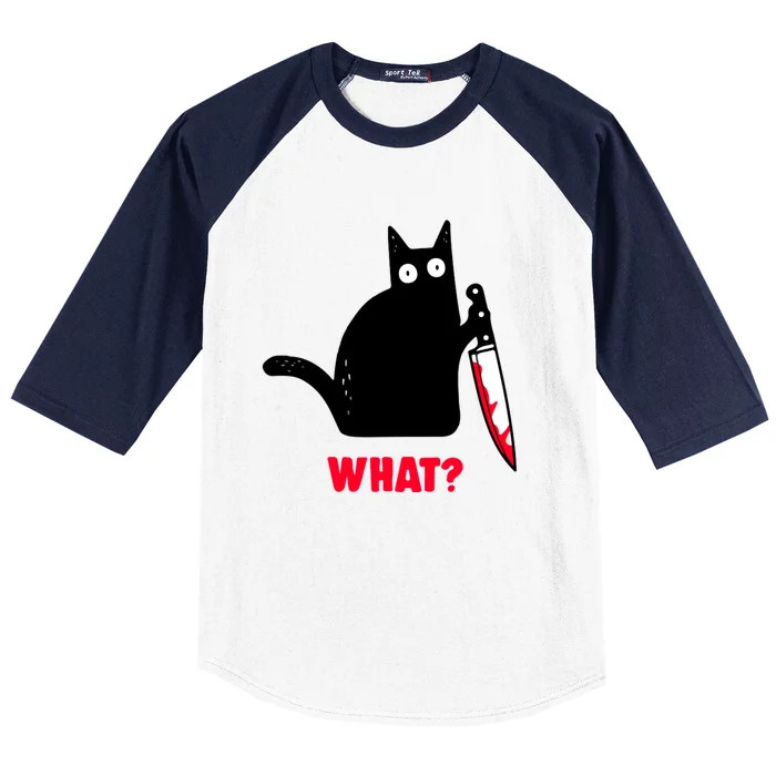 Cat What? Funny Black Cagift Murderous Cat With Knife Gift Baseball Sleeve Shirt