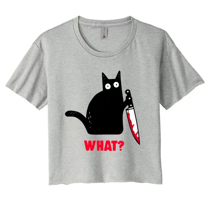 Cat What? Funny Black Cagift Murderous Cat With Knife Gift Women's Crop Top Tee