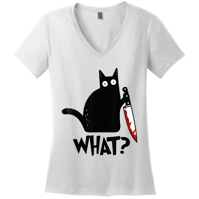 Cat What Funny Black Cat Murderous Cat With Knife Women's V-Neck T-Shirt