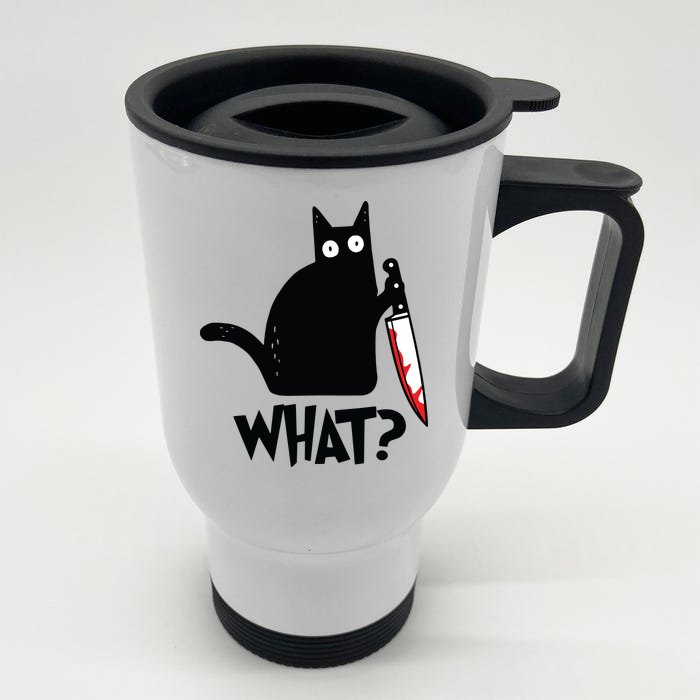 Cat What Funny Black Cat Murderous Cat With Knife Front & Back Stainless Steel Travel Mug