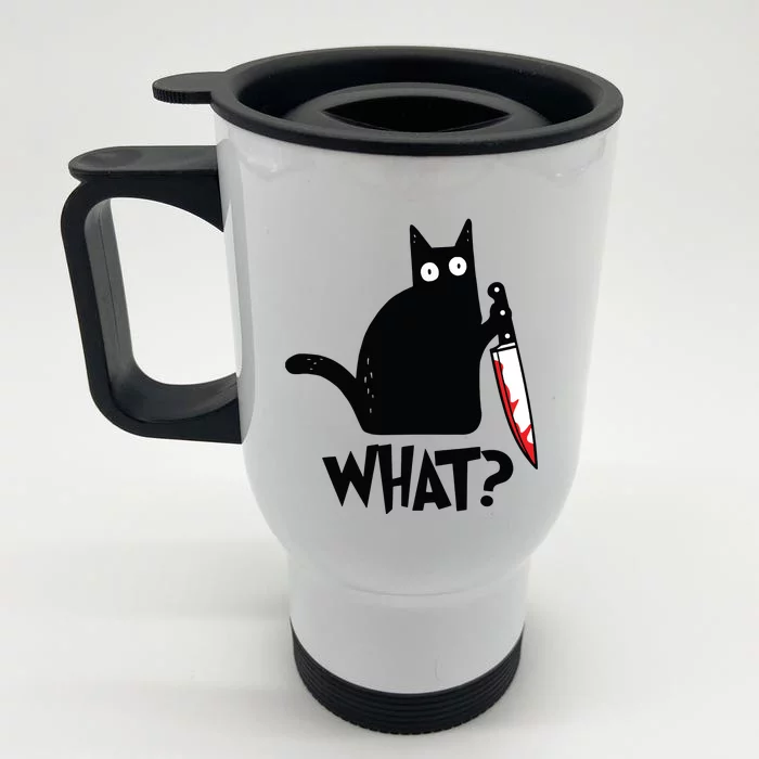 Cat What Funny Black Cat Murderous Cat With Knife Front & Back Stainless Steel Travel Mug