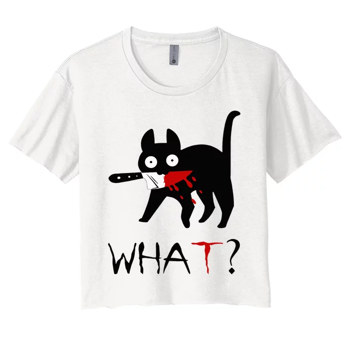 Cat What Funny Black Cat Murderous Cat With Knife Women's Crop Top Tee