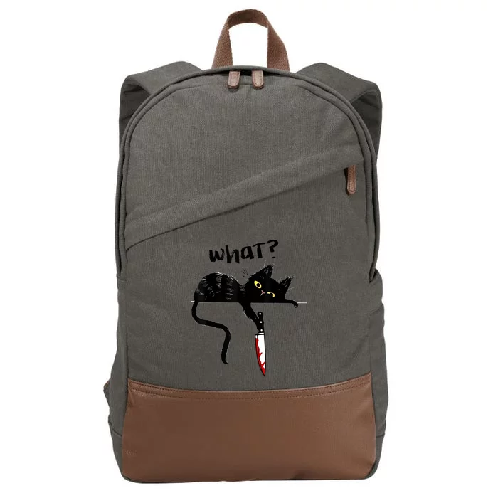 Cat What? Funny Black Cat Shirt, Murderous Cat With Knife Cute Design Cotton Canvas Backpack