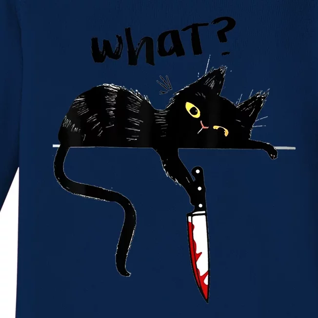 Cat What? Funny Black Cat Shirt, Murderous Cat With Knife Cute Design Baby Long Sleeve Bodysuit