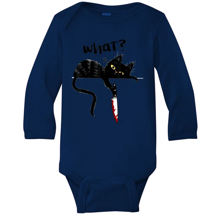 Cat What? Funny Black Cat Shirt, Murderous Cat With Knife Cute Design Baby Long Sleeve Bodysuit