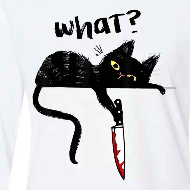 Cat What? Funny Black Cat Shirt, Murderous Cat With Knife Cute Design Womens Cotton Relaxed Long Sleeve T-Shirt