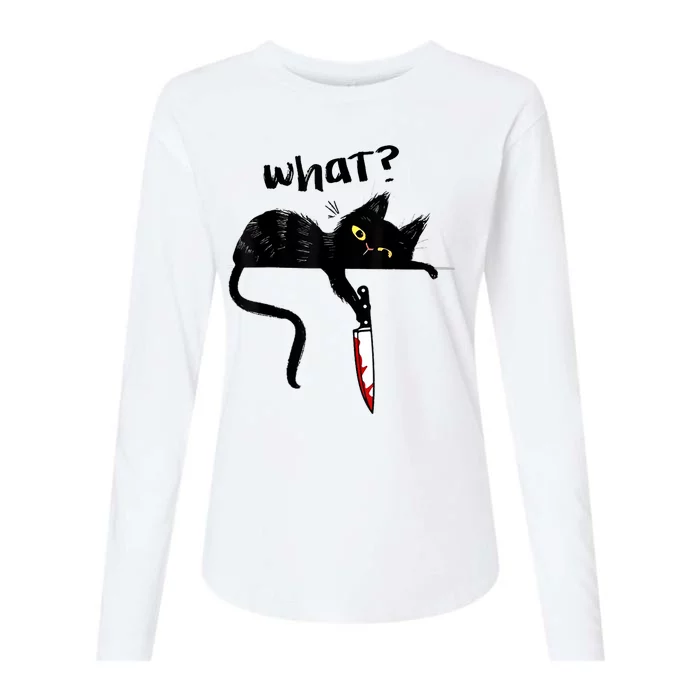 Cat What? Funny Black Cat Shirt, Murderous Cat With Knife Cute Design Womens Cotton Relaxed Long Sleeve T-Shirt