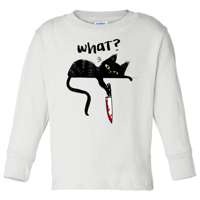 Cat What? Funny Black Cat Shirt, Murderous Cat With Knife Cute Design Toddler Long Sleeve Shirt