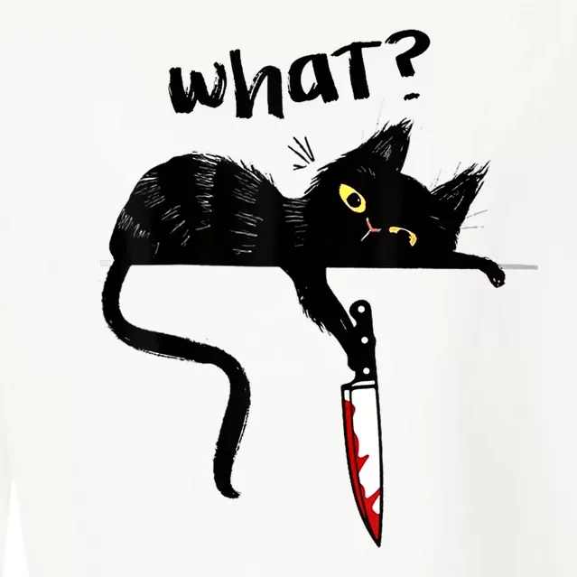 Cat What? Funny Black Cat Shirt, Murderous Cat With Knife Cute Design Cropped Pullover Crew