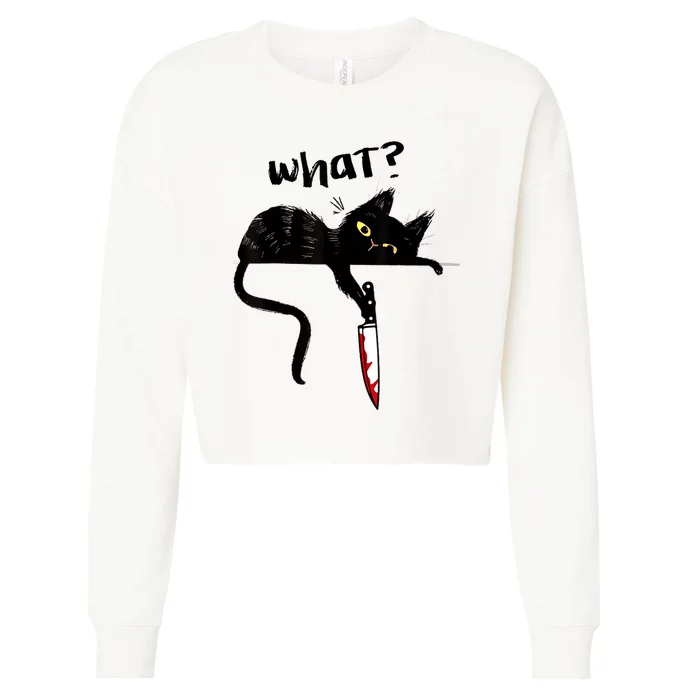 Cat What? Funny Black Cat Shirt, Murderous Cat With Knife Cute Design Cropped Pullover Crew