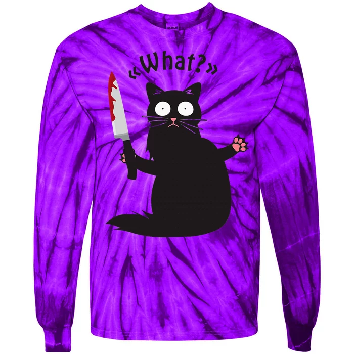 Cat What Funny Black Cat Fun Murderous Cat With Knife Tie-Dye Long Sleeve Shirt