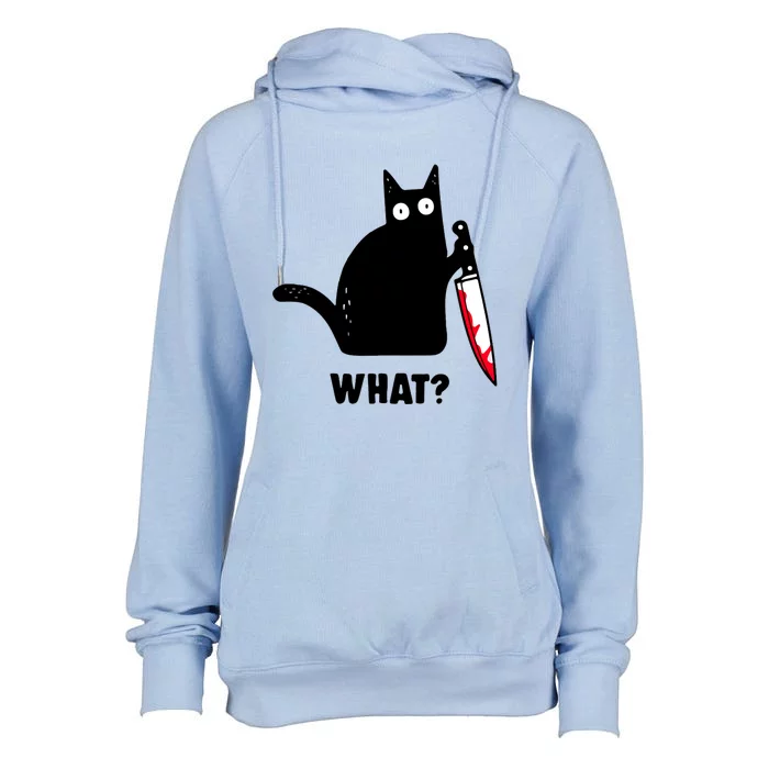 Cat What? Funny Black Cat Shirts Murderous Cat With Knife Womens Funnel Neck Pullover Hood