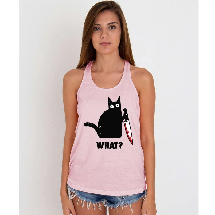 Cat What Funny Black Cat, Murderous Cat With Knife Women's Knotted Racerback Tank