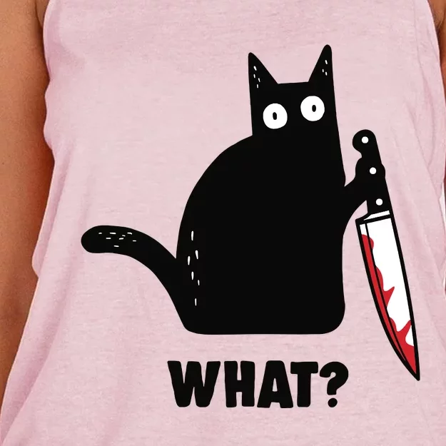 Cat What Funny Black Cat, Murderous Cat With Knife Women's Knotted Racerback Tank