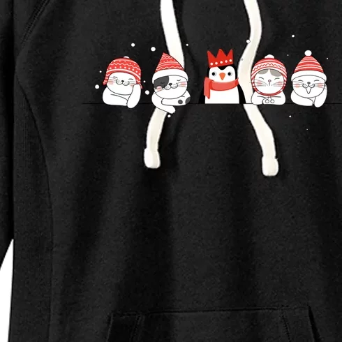 Christmas Winter Festive Penguin Cats Holiday Party Funny Gift Women's Fleece Hoodie