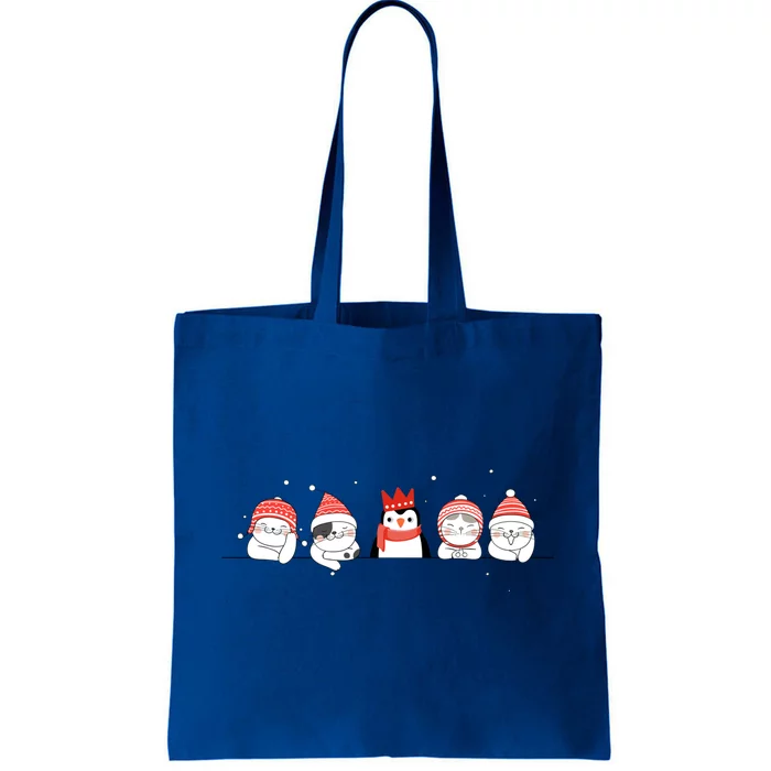 Christmas Winter Festive Penguin Cats Holiday Party Funny Gift Tote Bag