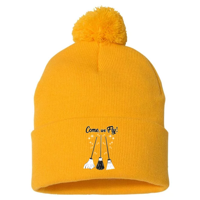 Come We Fly Witch Vintage Broom Fying Halloween Night Gift Pom Pom 12in Knit Beanie