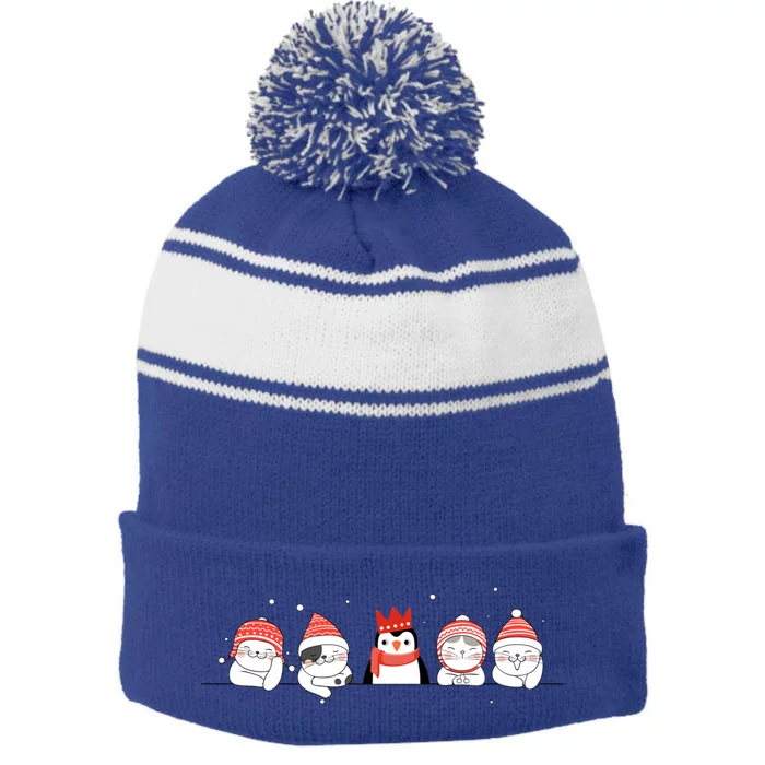 Christmas Winter Festive Penguin Cats Holiday Party Funny Gift Stripe Pom Pom Beanie