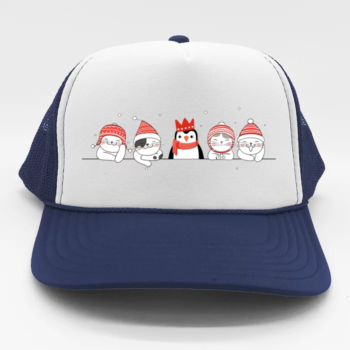 Christmas Winter Festive Penguin Cats Holiday Party Funny Gift Trucker Hat