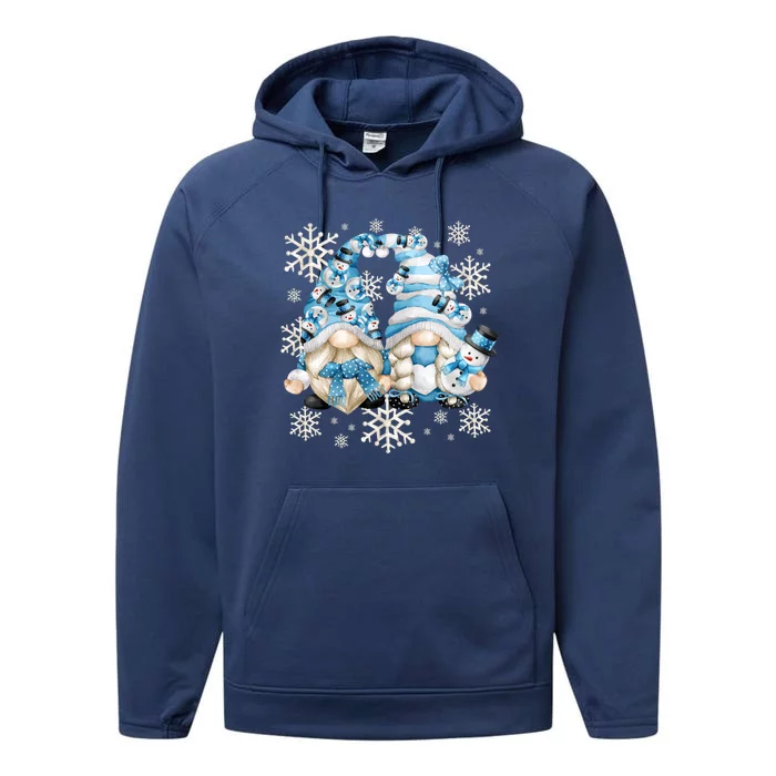 Cute Winter Gnome Gift Funny Snow Decor With Snowflakes Funny Gift Performance Fleece Hoodie