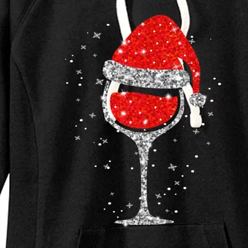 Christmas Wine Glass Snowflakes Santa Hat Red Wine Women's Fleece Hoodie