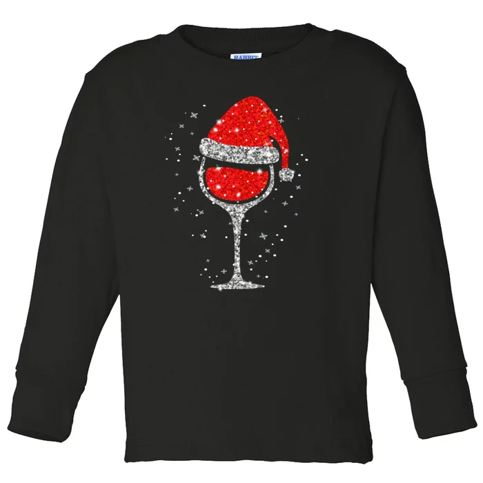 Christmas Wine Glass Snowflakes Santa Hat Red Wine Toddler Long Sleeve Shirt